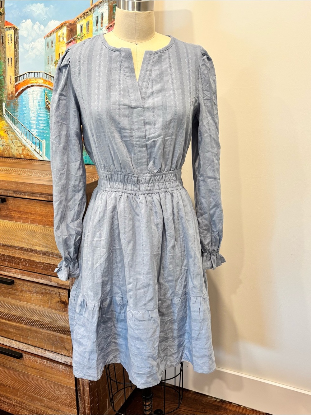 Light Blue Textured Long-Sleeve Smocked-Waist Mini Dress